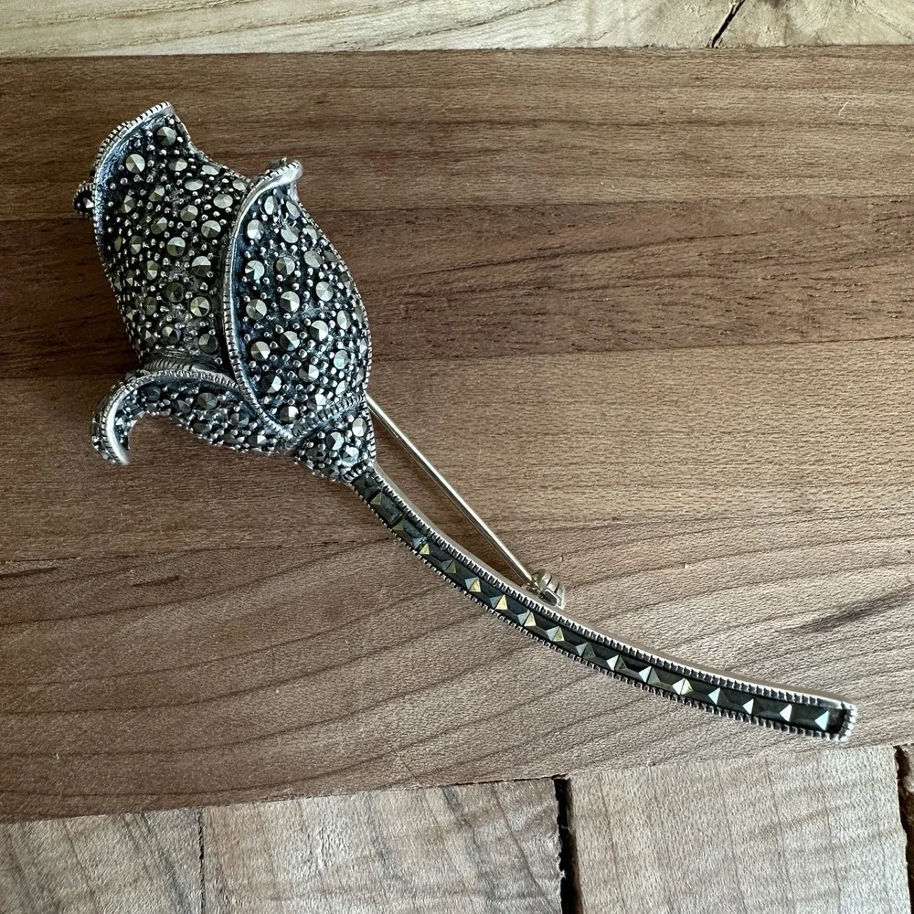 VTG Sterling Silver 925 Marcasite Rose Tulip Flower Brooch 3 Inch 11.3g Deco MCM